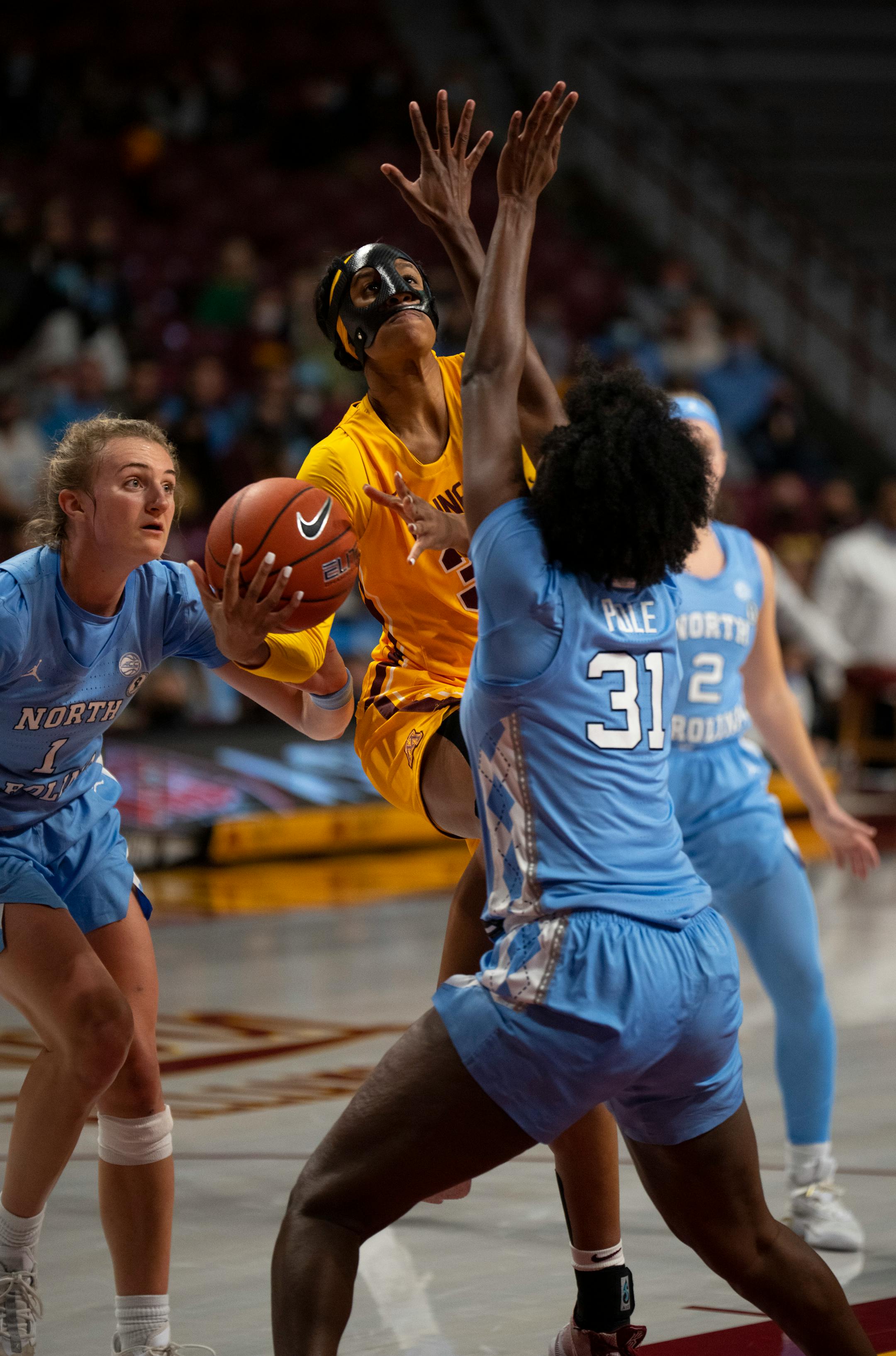 Minnesota Gophers forward Kadiatou Sissoko (30) put up a fourth quarter shot Wednesday, Dec. 1, 2021 at Williams Arena in Minneapolis. The University of Minnesota women's basketball team lost to the University of North Carolina 82-76 in an NCAA basketball game Wednesday, Dec. 1, 2021 night at Williams Arena in Minneapolis. ] JEFF WHEELER • Jeff.Wheeler@startribune.com