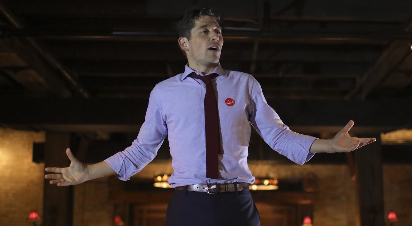 Jacob Frey addressed supporters from atop the bar at Jefe Urban Hacienda during his election night party. ] JEFF WHEELER &#xef; jeff.wheeler@startribune.com Mayoral candidate Jacob Frey's election night party is at Jefe Urban Hacienda on on the Mississippi riverfront Tuesday night, November 7, 2017 in Minneapolis.