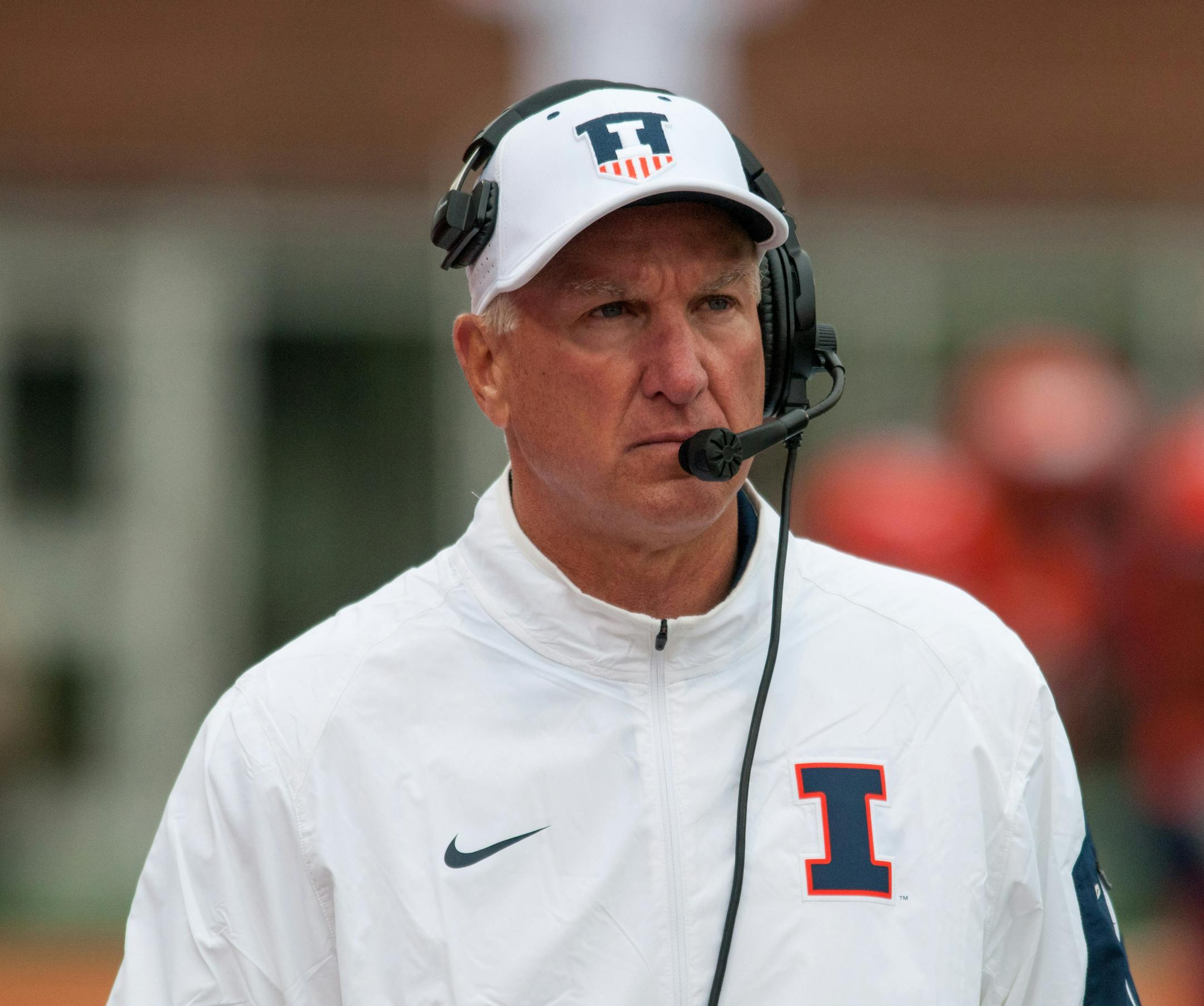 Illinois interim head coach Bill Cubit walks the sidelines during the second quarter of an NCAA football game against Nebraska Saturday, Oct. 3, 2015, at Memorial Stadium in Champaign, Ill. (AP Photo/Bradley Leeb)