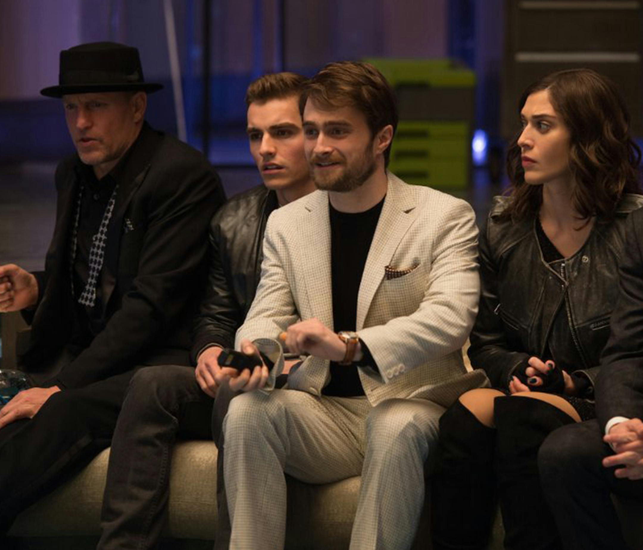 Woody Harrelson, Dave Franco, Daniel Radcliffe, Lizzy Caplan and Jesse Eisenberg in "Now You See Me 2." (Jay Maidment) ORG XMIT: 1185593