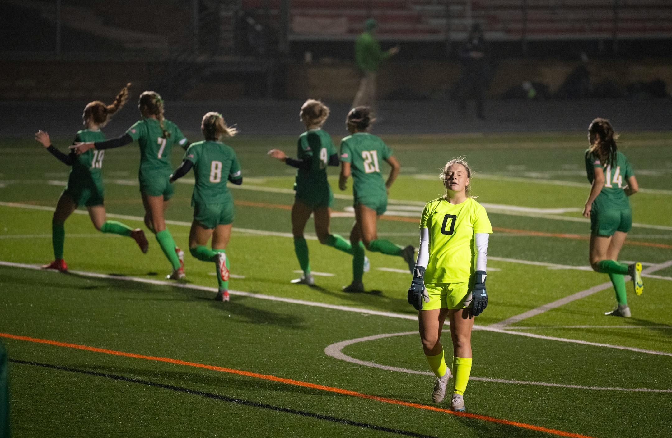 St. Michael-Albertville keeper Brynn Hedberg reacted after Edina's Grace Pohlidal (8) headed in the game winner off a 2nd half corner kick.