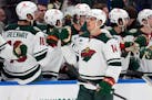 Minnesota Wild center Joel Eriksson Ek (14) celebrates with the bench after his goal against the Tampa Bay Lightning during the second period of an NH