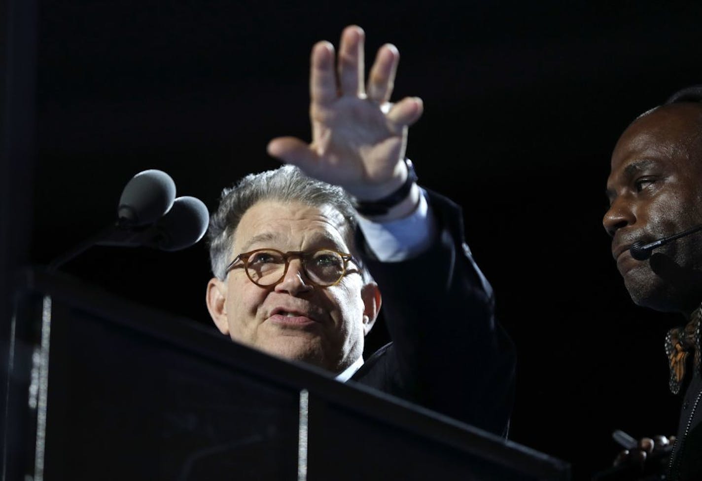 Sen. Al Franken, D-Minn., checks out the podium before the start of the first day session of the Democratic National Convention in Philadelphia, Monday, July 25, 2016.