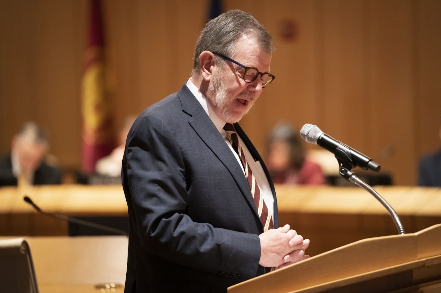 Current University of Minnesota president Eric Kaler spoke in a meeting before the Board of Regents interviewed Joan Gabel for his replacement on the University of Minnesota campus in Minneapolis, Minn. on December 14, 2018.