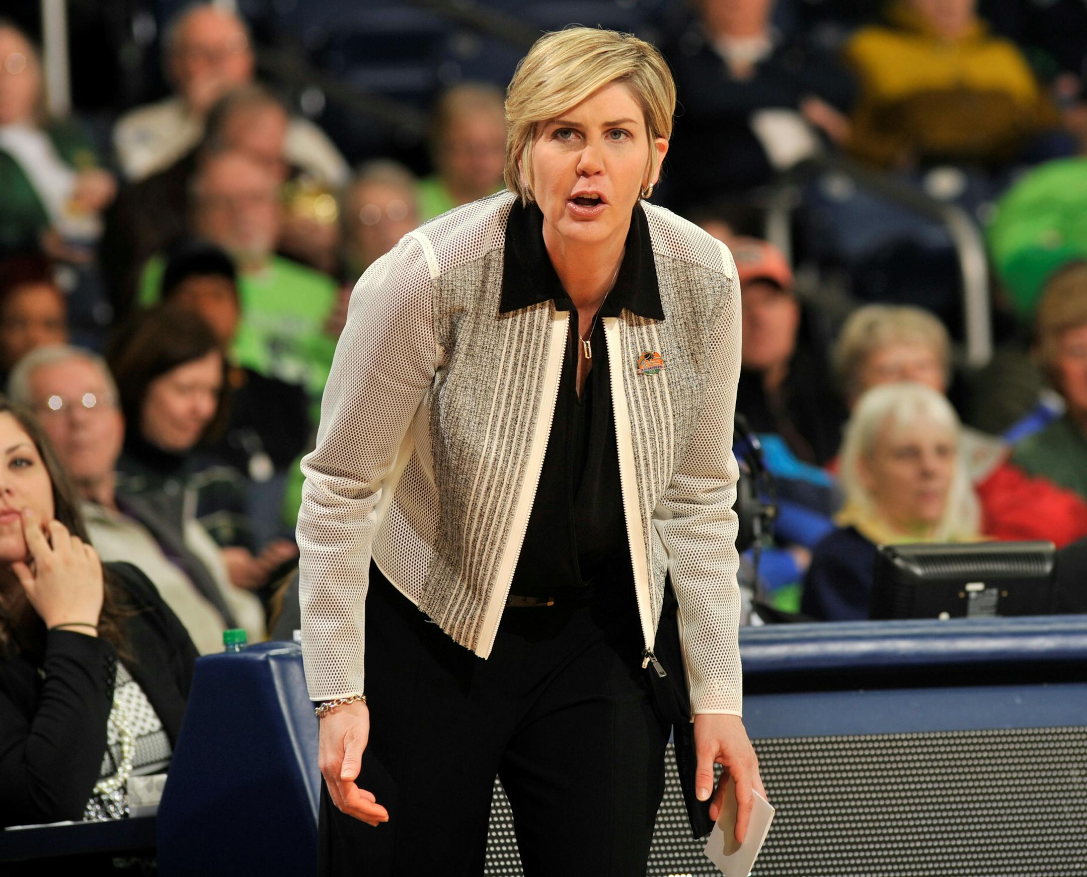 Minnesota head coach Marlene Stollings shouts at her team in the first half of an NCAA tournament college basketball first round game against DePaul, Friday, March 20, 2015, in South Bend, Ind. (AP Photo/Joe Raymond)