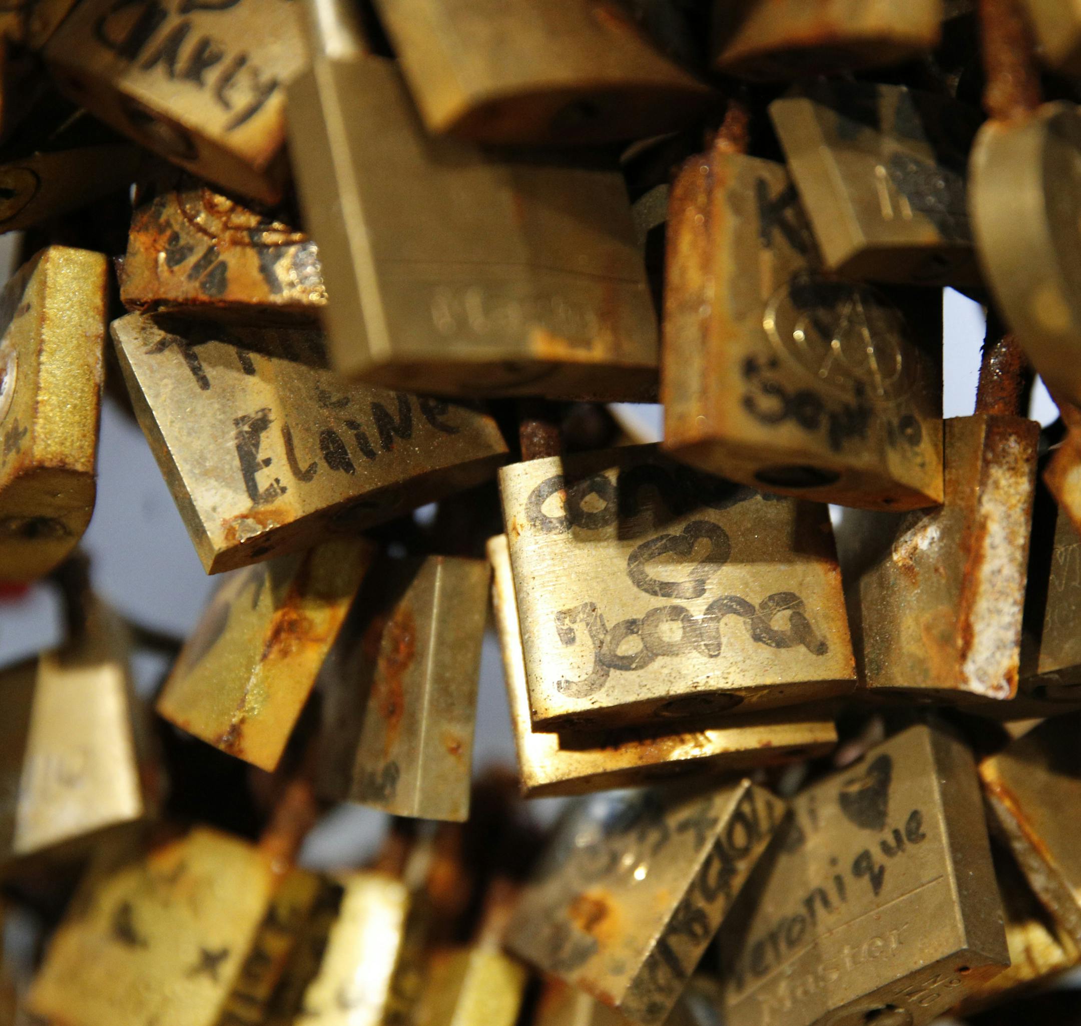 Love Locks removed from the Pont des Arts bridge, are displayed before an auction, in Paris, France, Tuesday, May 9, 2017. The city council said the locks, usually hung by couples to express eternal love, cause long-term damage to Paris heritage and sometimes pose a security risk. (AP Photo/Christophe Ena)