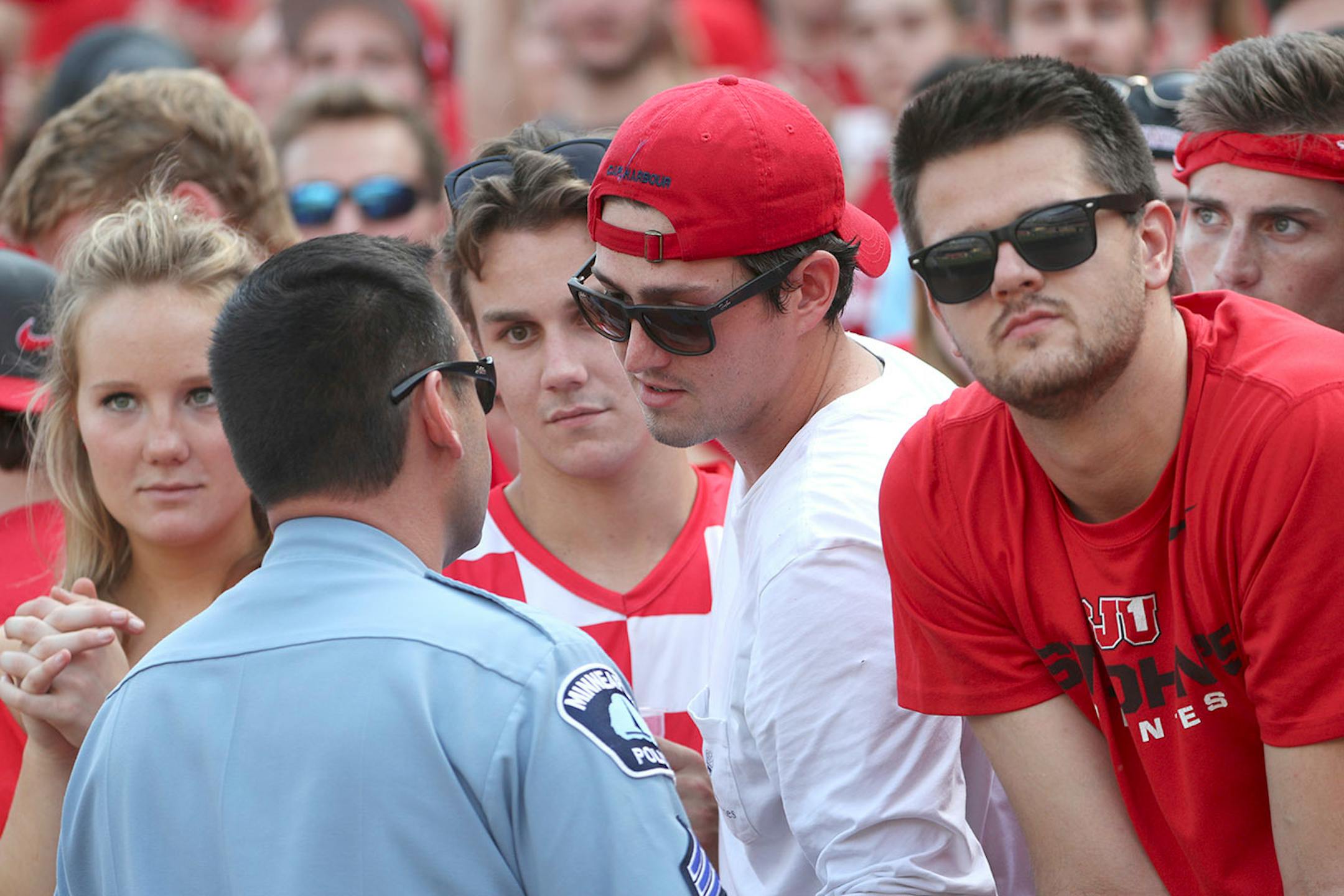 A St. John's University fan exchanged words with a Minneapolis police officer in the first half.