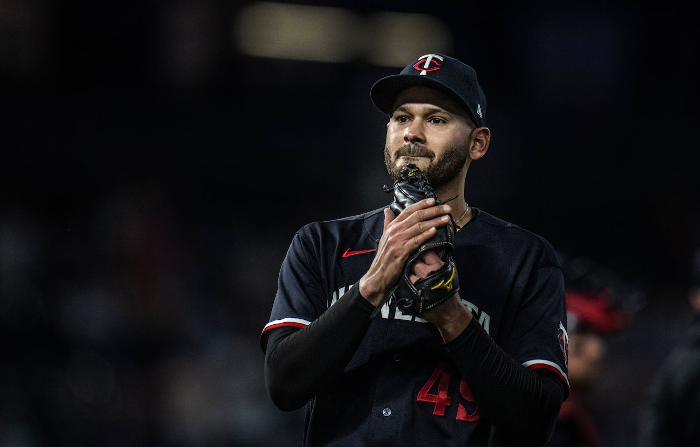 Minnesota Twins starting pitcher Pablo López walked off the mound in the 8th inning Tuesday April 11,2023 in Minneapolis, Minn.] JERRY HOLT • jerry.holt@startribune.come