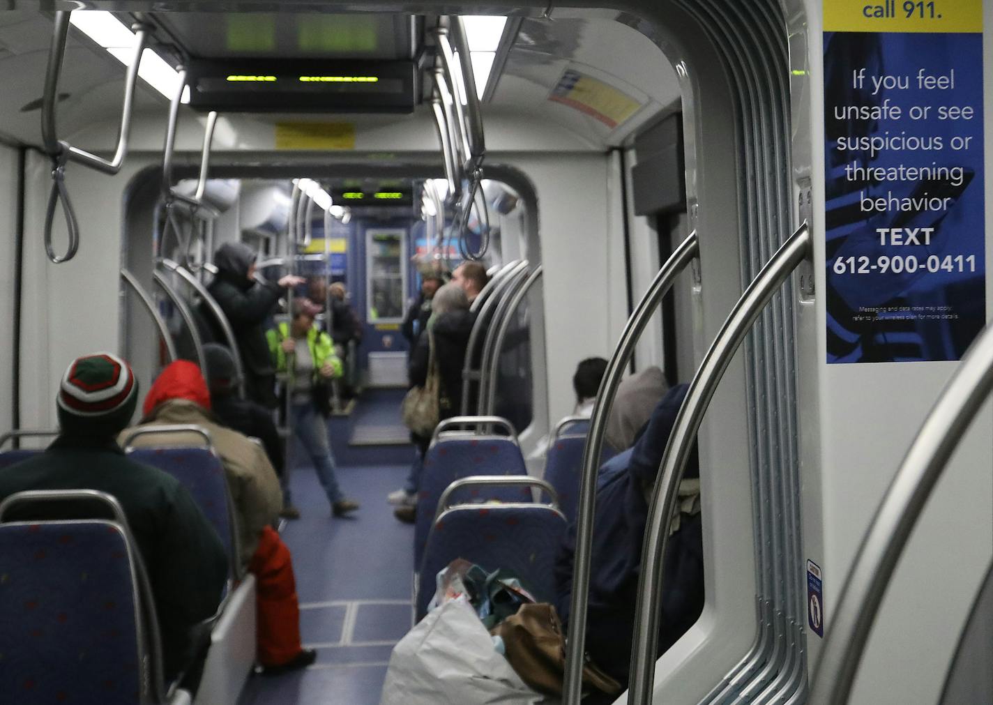 A sign on a blue line train Thursday, Nov. 7, 2019, in Minneapolisl, MN.] DAVID JOLES &#x2022; david.joles@startribune.com A recent Sunday afternoon stabbing on the Green Line LRT has raised new questions about the safety of passengers using the Twin Cities' two light-rail lines. It's a challenge facing new Metro Transit police chief Eddie Frizell, and one that frustrates regular transit riders who rely on public transportation to get to work and school. And, an outstate lawmaker has proposed er