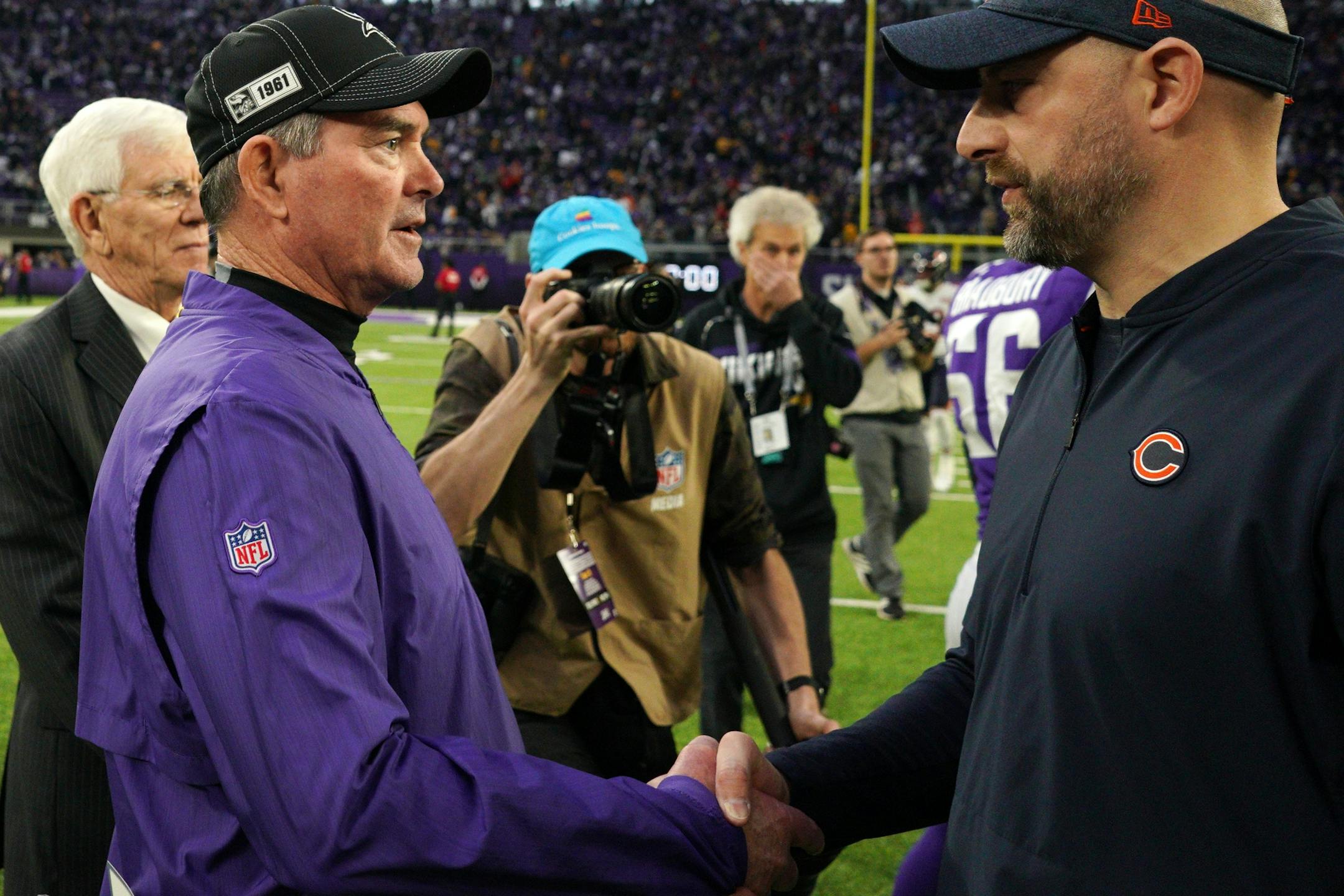 Minnesota Vikings head coach Mike Zimmer greeted Chicago Bears head coach Matt Nagy following Sunday's game.