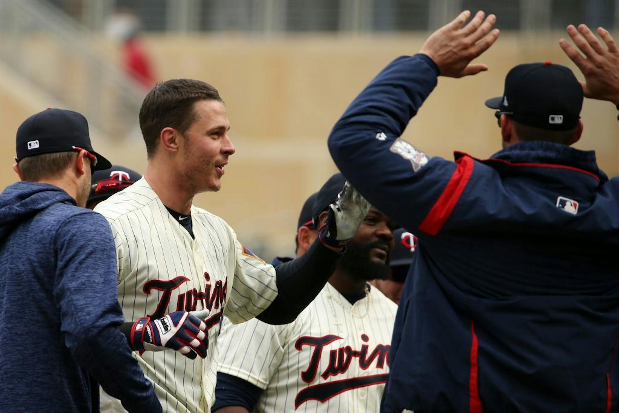 Minnesota Twins right fielder Max Kepler (26) celebrated after he hit a game winning solo home run in the bottom of the ninth inning.