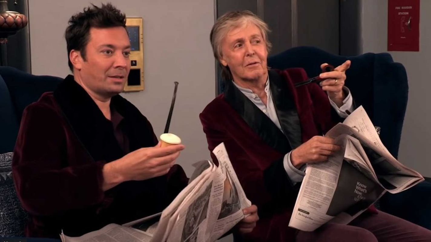 Jimmy Fallon and Paul McCartney prepare for their elevator surprise.