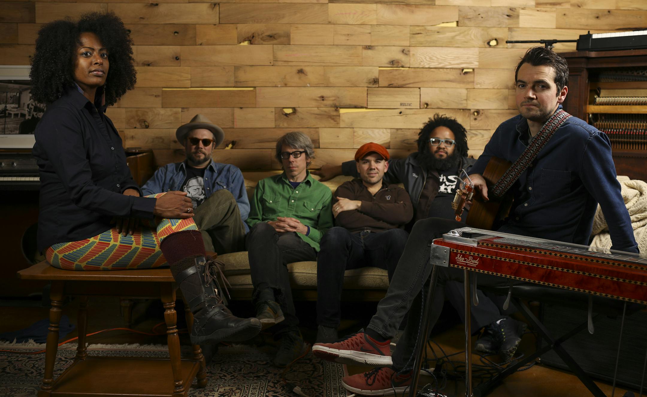 The current line up Romantica in a portrait before their first rehearsal for their CD release show. They are, from left, Jayanthi Kyle, Ryan Lovan, Dave Strahan, Aaron Fabbrini, Tony Zaccardi, and Ben Kyle. ] JEFF WHEELER ï jeff.wheeler@startribune.com Romantica began working on their latest album, Shadowlands, during the Bush Presidency. They gathered to rehearse Tuesday night, January 24, 2016 ahead of their CD release show at the Fitzgerald Theater next month.