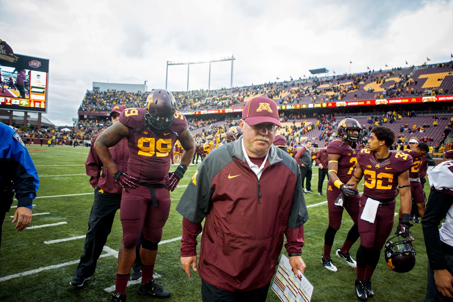 Jerry Kill, head coach for the University of Minnesota football team, walks off the field after a home game against the Iowa Hawkeyes in Minneapolis in 2013. Kill, who had a seizure and missed the Oct. 5, 2013, game at Michigan, has stepped away to focus on treating and managing his epilepsy.