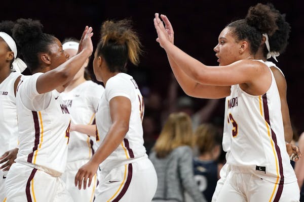 Gophers guard Jasmine Powell (4) celebrated with Destiny Pitts (3) during a game against Montana State in November. "Best teammate you could ever ask 