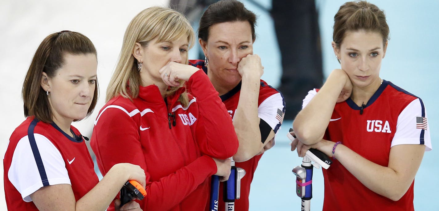 Debbie McCormick, Erika Brown, Ann Swisshelm and Jessica Schultz watched their opponents during Friday's draw. Denmark beat USA 9-2. ] CARLOS GONZALEZ cgonzalez@startribune.com - February 14, 2013, Sochi, Russia, Sochi 2014 Winter Olympics, The Ice Cube Curling Center, Women's Curling, USA vs. Denmark