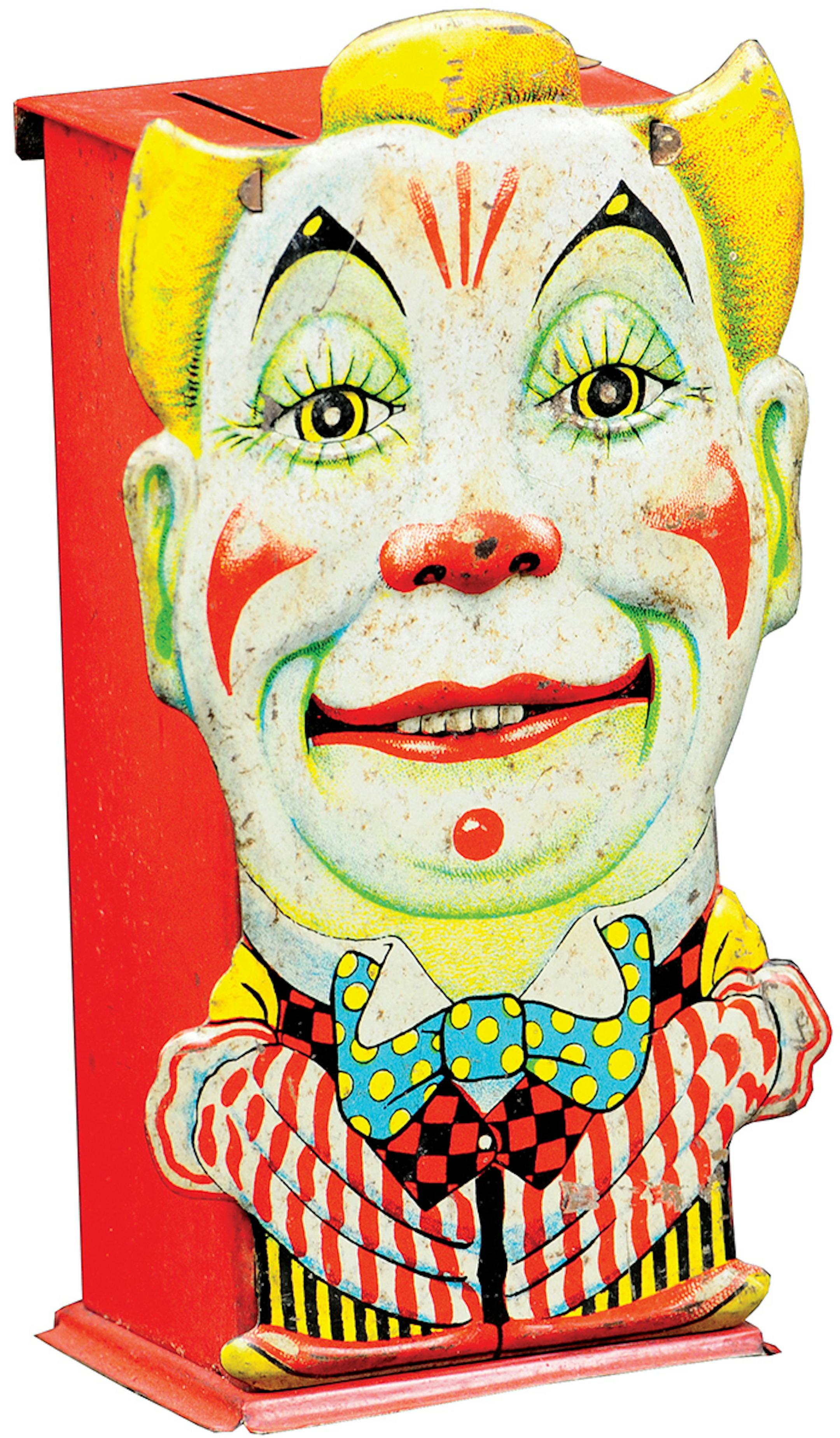 This smirking British Clown still is a bank made of tin in the 1920s by Saalheimer & Strauss. It sold at a Bertoia Auction in Vineland, N.J., in March 2015 for $1,920. (c) 2015 by Cowles Syndicate