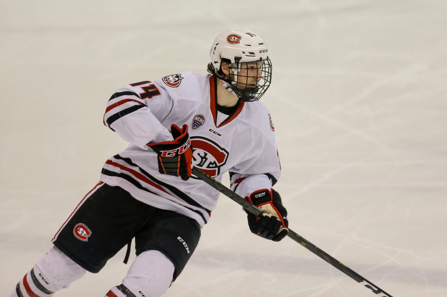 St. Cloud State's Patrick Newell against Colorado College during an NCAA hockey game on Friday, Feb. 8, 2019 in St. Cloud, Minn. (AP Photo/Andy Clayton-King)