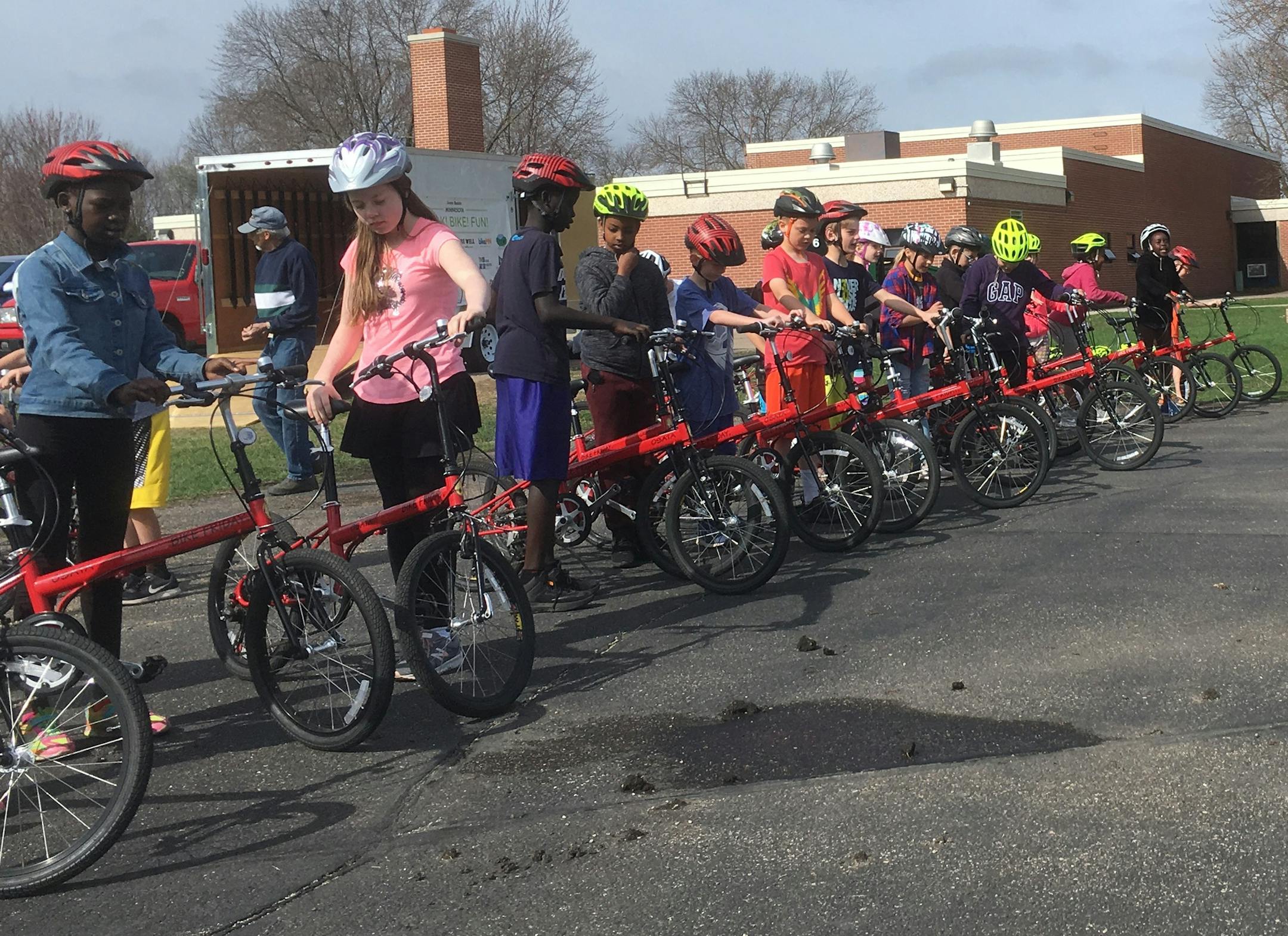 Sharon Patterson gets her fourth grade class lined up for bike safety training at Kennedy Elementary School in Mankato. The class is part of a statewide program sponsored by the Bicycle Alliance of Minnesota, the state Department of Transportation and Blue Cross Blue Shield of Minnesota.