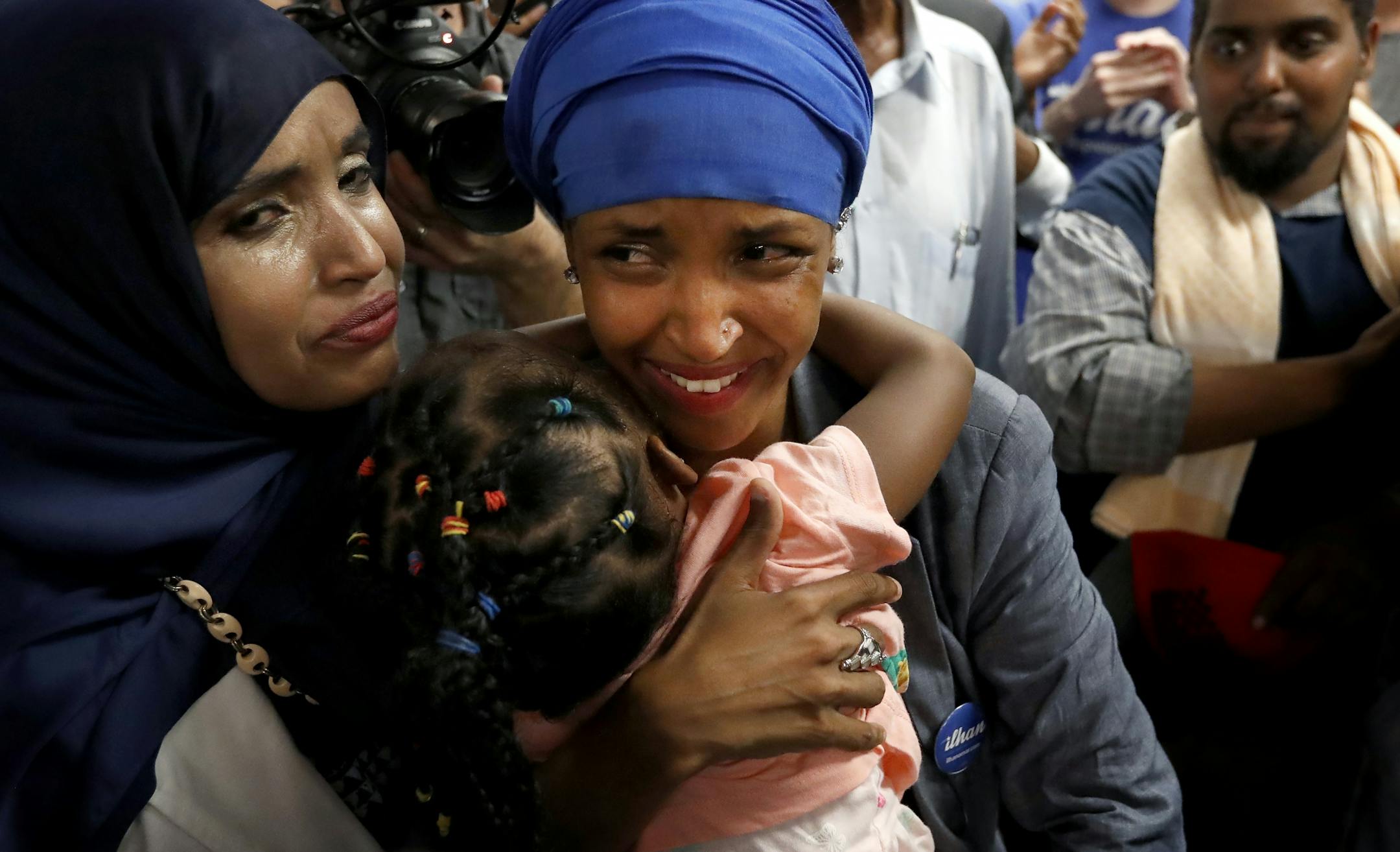 Ilhan Omar was greeted by supporters at Kalsan in Minneapolis.