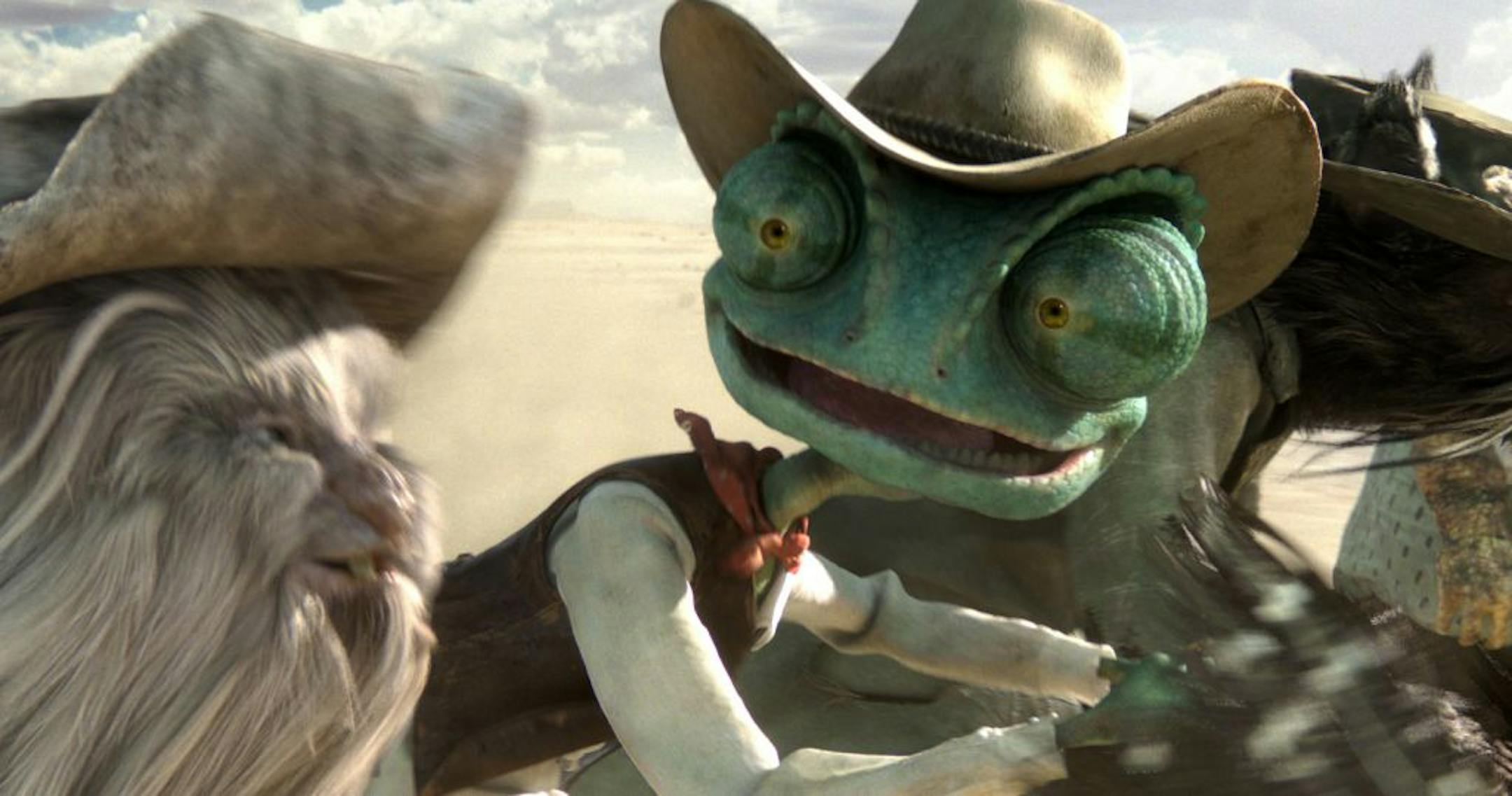 The chamelon Rango (voiced by Johnny Depp), right, rides with Spoons (Alex Manugian) in the animated "Rango."