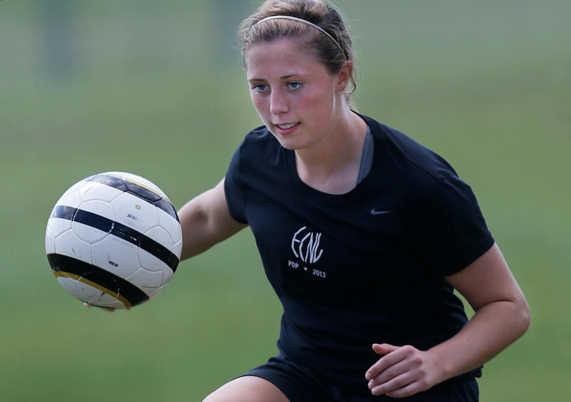 At Hill-Murray H.S. in Maplewood on August 13, 2014, Woodbury soccer player Emily Heslin of Hill-Murray. She's going to the U of M next year to play soccer and has played club soccer for the Minnesota Thunder but is opting to play this season with her school.