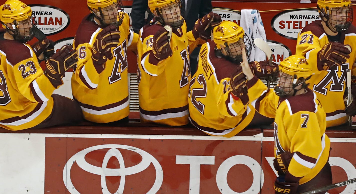 Brannon McManus(7) celebrates one of his hat trick goals.] Sunday afternoon Gophers hockey game, vs. Penn State. at Mariucci 3M Arena.Richard Tsong-Taatarii/Richard.tsong-taatarii@startribune.com