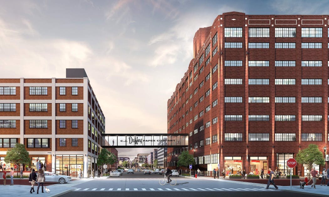 This rendering shows how Chicago developer CedarSt Cos. plans to renovate the warehouses and skyway that were for decades occupied by the C.J. Duffey Paper Co.