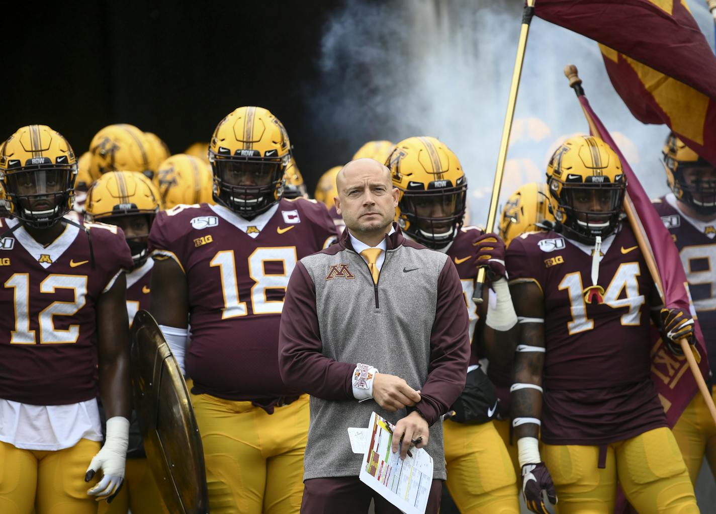 Gophers head coach P.J. Fleck stood with his team before the start of Saturday's game against Illinois. ] Aaron Lavinsky &#x2022; aaron.lavinsky@startribune.com The Gophers played the Illinois Fighting Illini on Saturday, Oct. 5, 2019 at TCF Bank Stadium in Minneapolis, Minn.