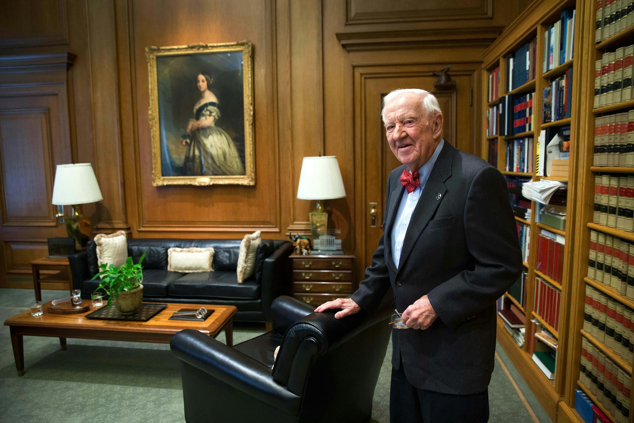 FILE -- Then-Justice John Paul Stevens in his chambers at the Supreme Court, in Washington, April 15, 2014. Stevens, whose 35 years on the United States Supreme Court transformed him, improbably, from a Republican antitrust lawyer to the outspoken leader of the courtÕs liberal wing, died July 16, 2019 at a hospital in Fort Lauderdale, Fla. He was 99. (Doug Mills/The New York Times)
