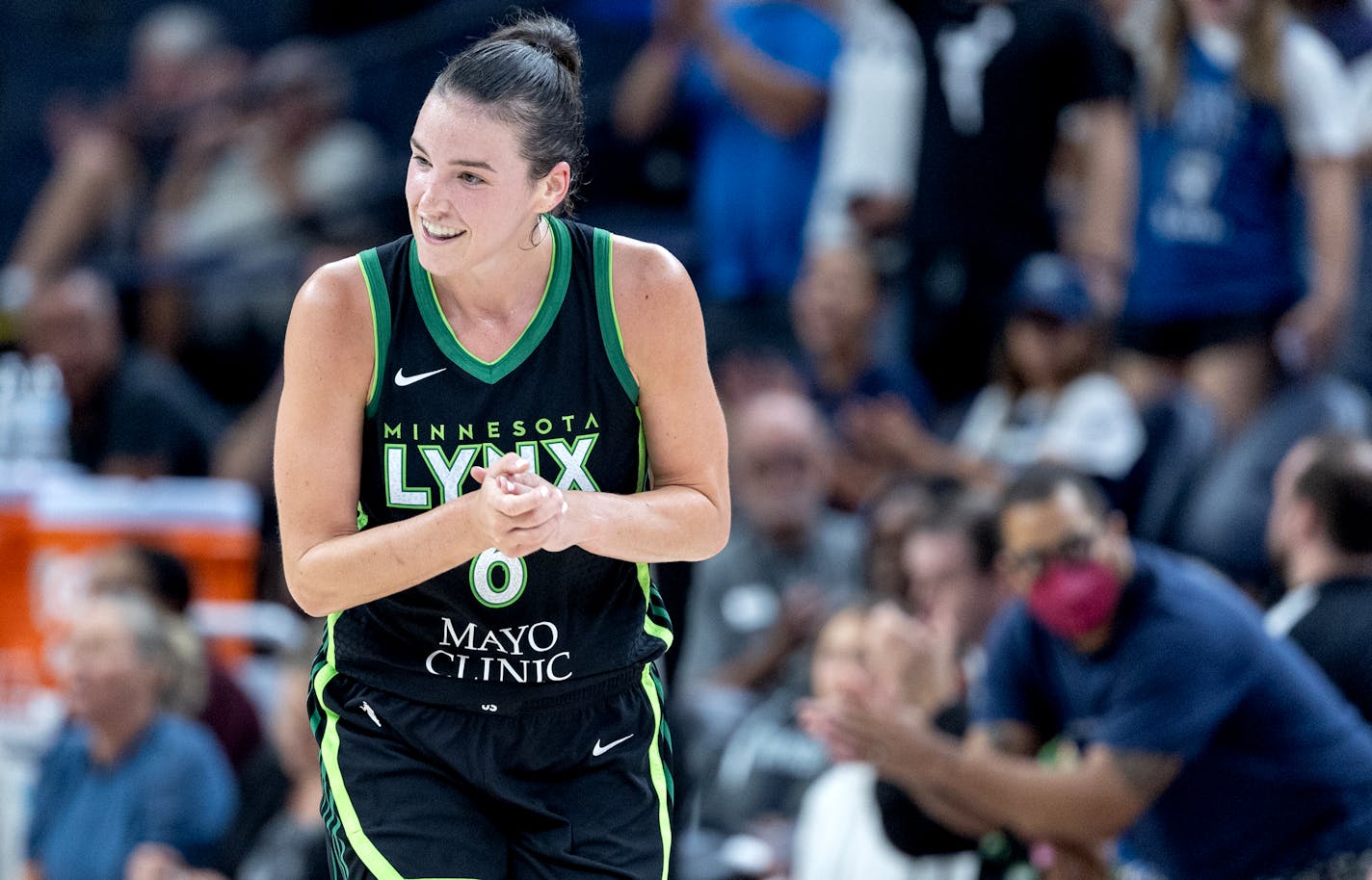 Bridget Carleton (6) of the Minnesota Lynx reacts after making a shot in the fourth quarter Tuesday, August 22, 2023, at Target Center in Minneapolis, Minn. ] CARLOS GONZALEZ • carlos.gonzalez@startribune.com