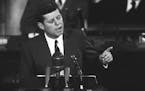 FILE - In this May 25, 1961 file photo, President John F. Kennedy speaks before a joint session of Congress in Washington, urging congressional approv