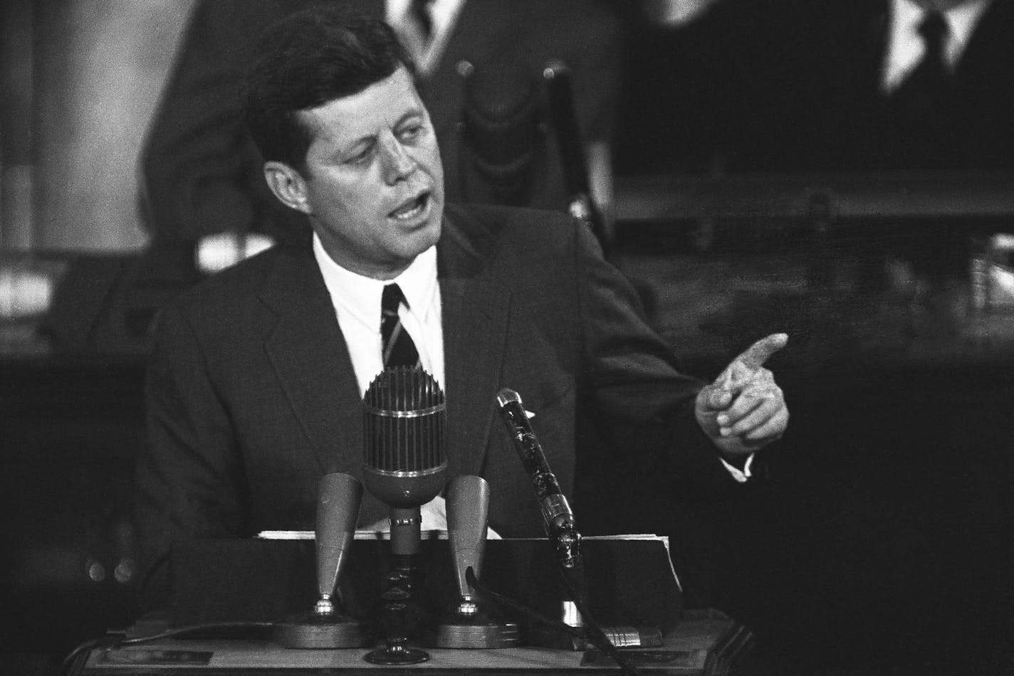 FILE - In this May 25, 1961 file photo, President John F. Kennedy speaks before a joint session of Congress in Washington, urging congressional approval of additional funds to bolster space, foreign aid and defense programs. "I believe this nation should commit itself to achieving the goal, before the decade is out, of landing a man on the moon and returning him safely to Earth." (AP Photo)