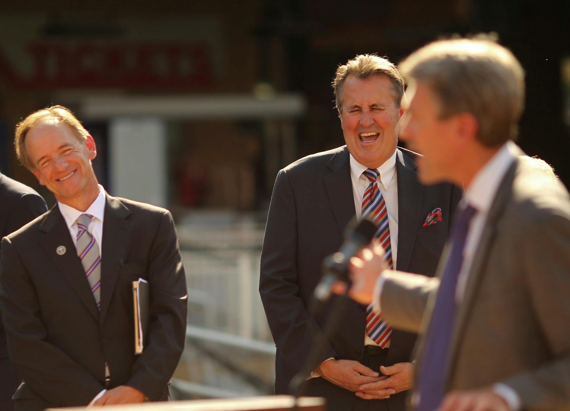 Mark Stenglein, who at the time was Minneapolis Downtown Council president, is pictured between Twins owner Jim Pohlad, left, and then-Minneapolis Mayor R.T. Rybak, at a 2012 news conference to announce that Target Field would host the 2014 MLB All-Star Game.