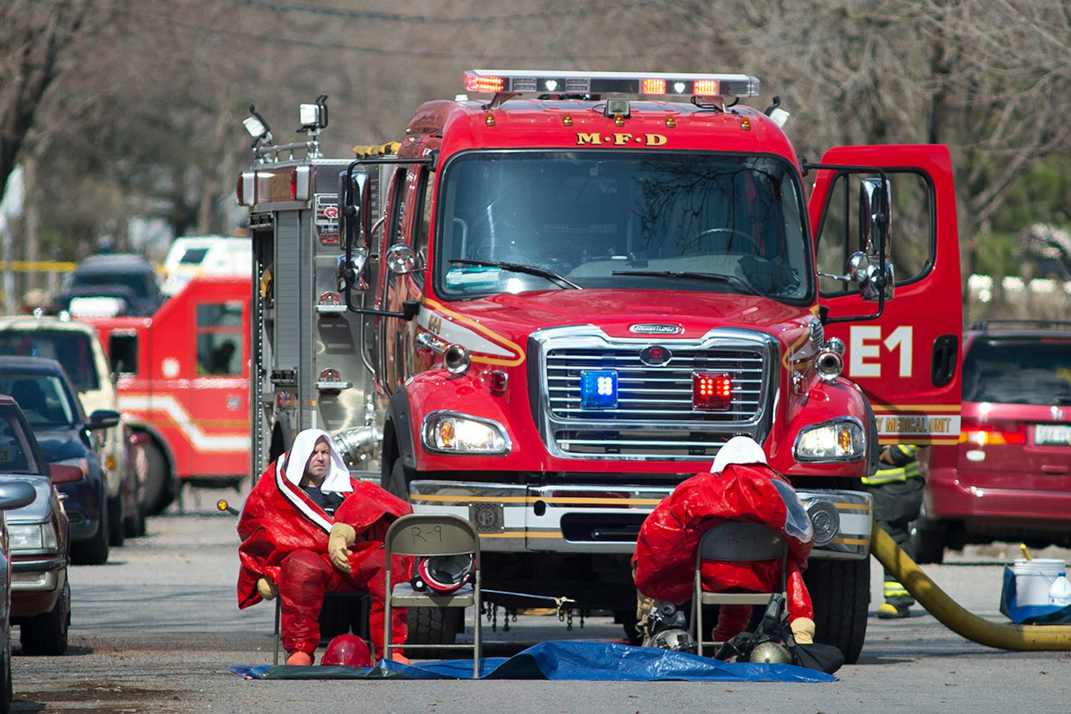 The Minneapolis Fire Department responds to a hazardous materials situation in the Marcy Holmes neighborhood of Minneapolis on the 500 block of 6th Street Southeast on Friday, April 10, 2015.