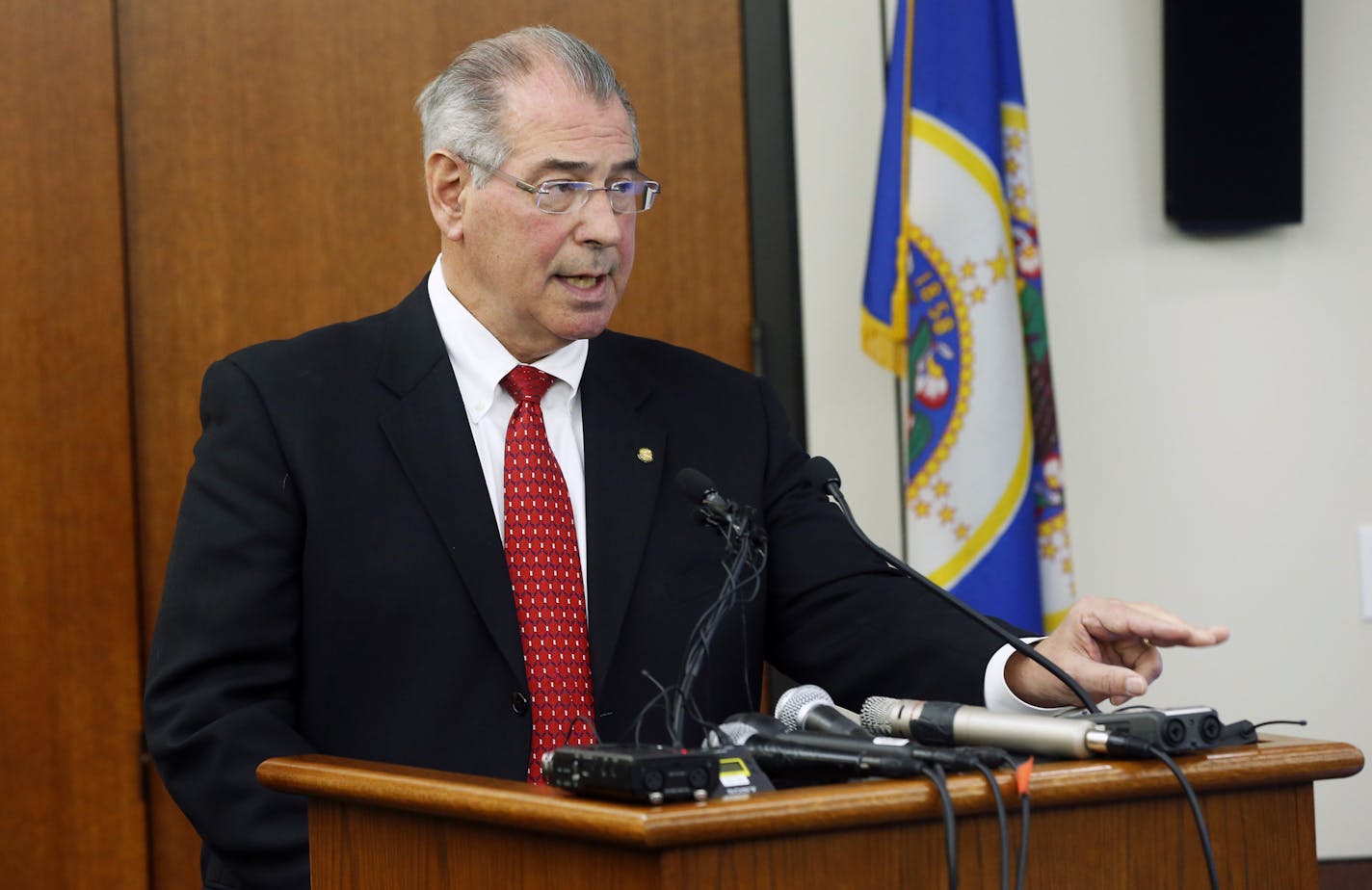 Hennepin County Attorney Mike Freeman announces Wednesday, March 30, 2016, that no charges will be filed against two Minneapolis police officers in the fatal shooting of a black man, Jamar Clark, last November, in Minneapolis.