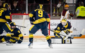 Michigan goaltender Jake Barczewski watches as the puck goes into his goal during the first period.