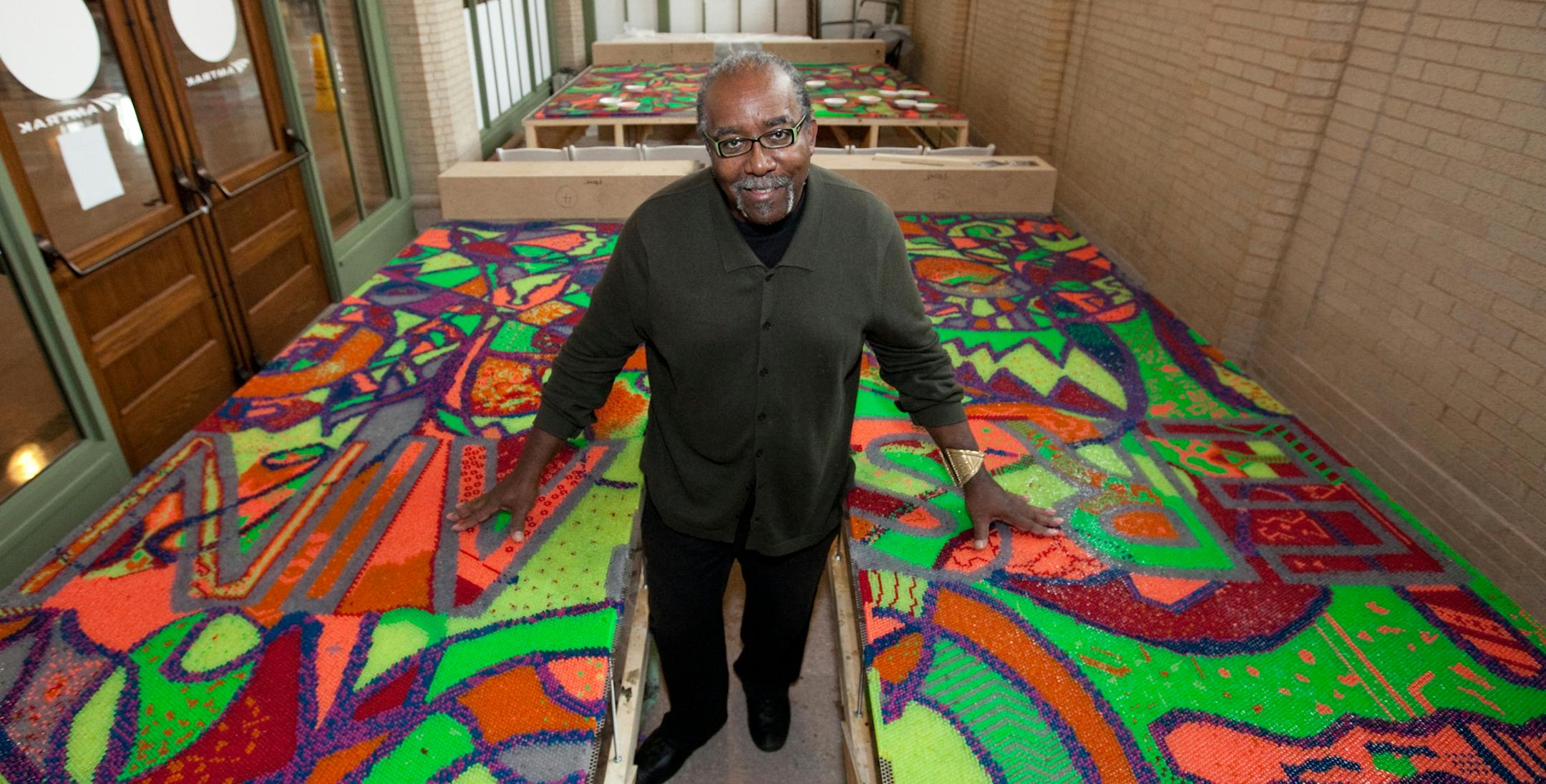 Ta-Coumba Aiken's design for the Guiness Book of World Record-breaking Lite Brite mural. The completed project will be unveiled and illuminated Saturday.