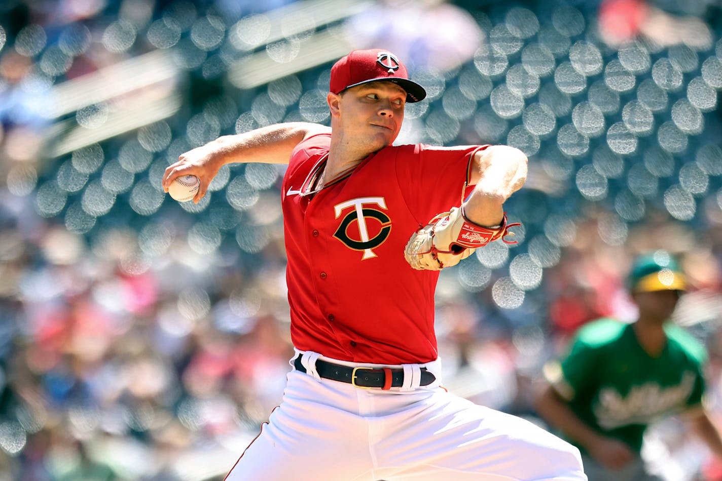 Twins starting pitcher Sonny Gray throws against the Athletics during the first inning Saturday