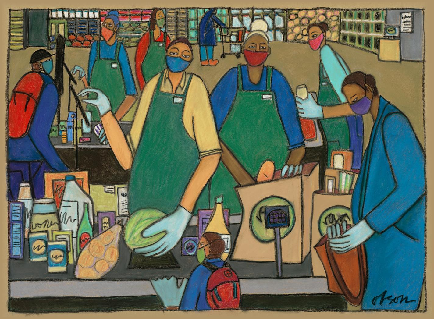 Archivists from around the state are asking for blog posts, photos, signs, even t-shirts to capture pandemic history as it's happening. "Grocery Workers" an illustration by Carolyn Sue Olson is one of the pieces that has been collected by the Minnesota Historical Society. Photo provided by Carolyn Sue Olson