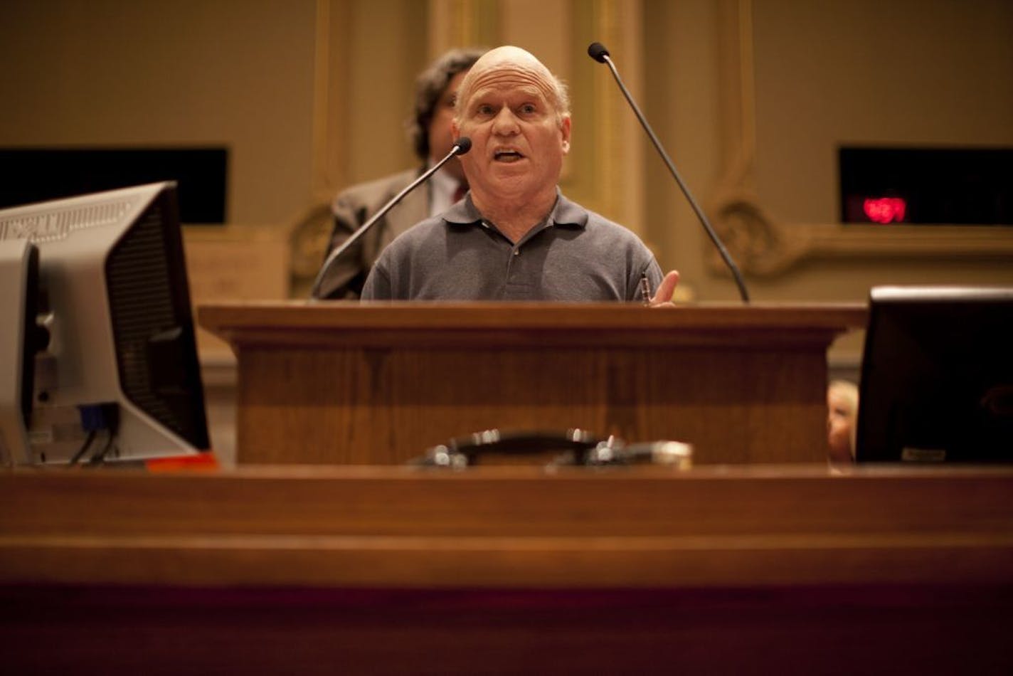 The Minneapolis City Council took public testimony on the proposed Vikings stadium at a hearing Tuesday afternoon, April 24, 2012 at City Hall in Minneapolis, Minn. Chuck Turchick spoke in opposition to the Vikings stadium.