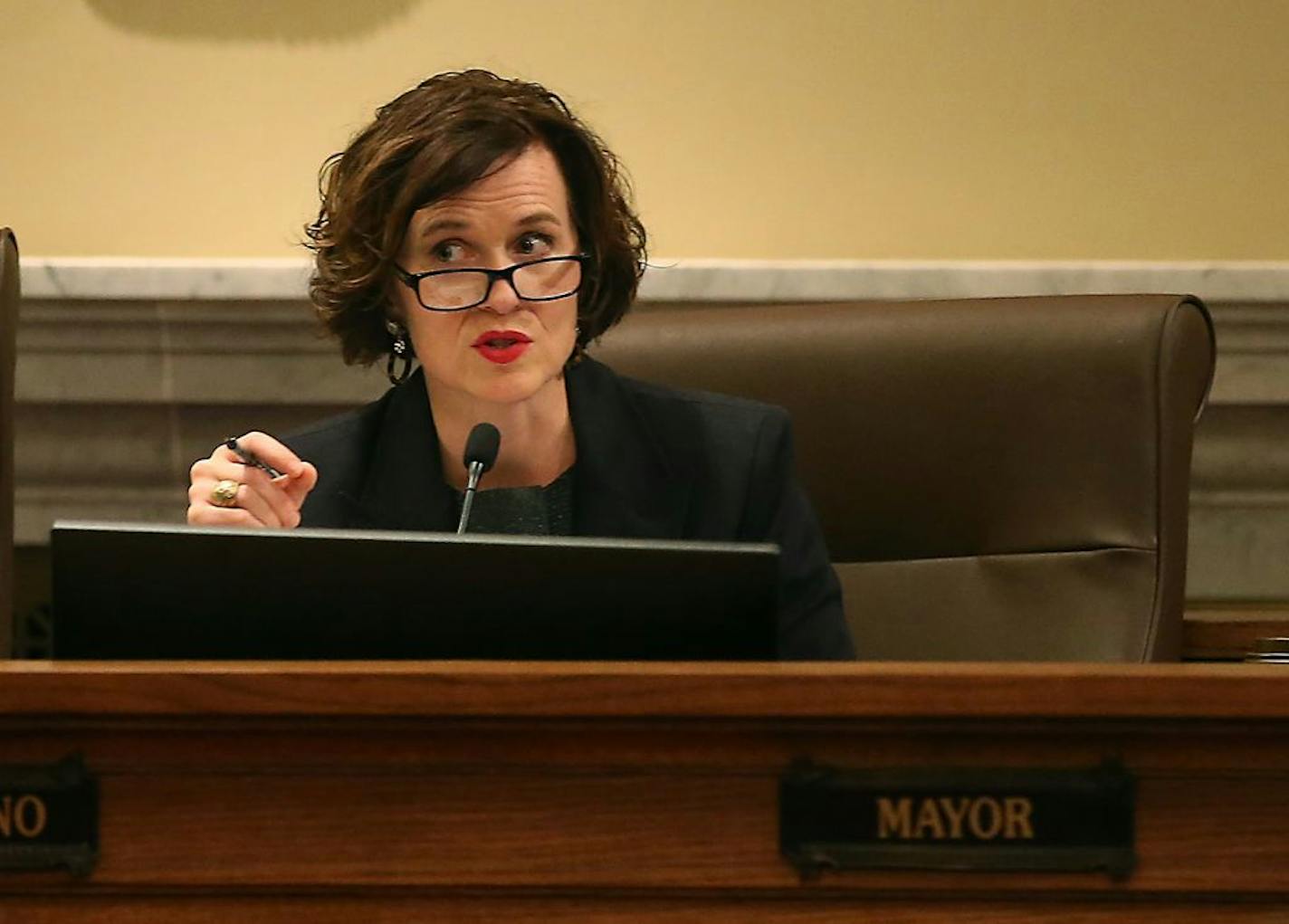 Minneapolis Mayor Betsy Hodges addressed City Council members during the reappointment of Chief of Police Janee Harteau during a City Council Committee meeting at City Hall, Wednesday, February 10, 2016 in Minneapolis, MN.