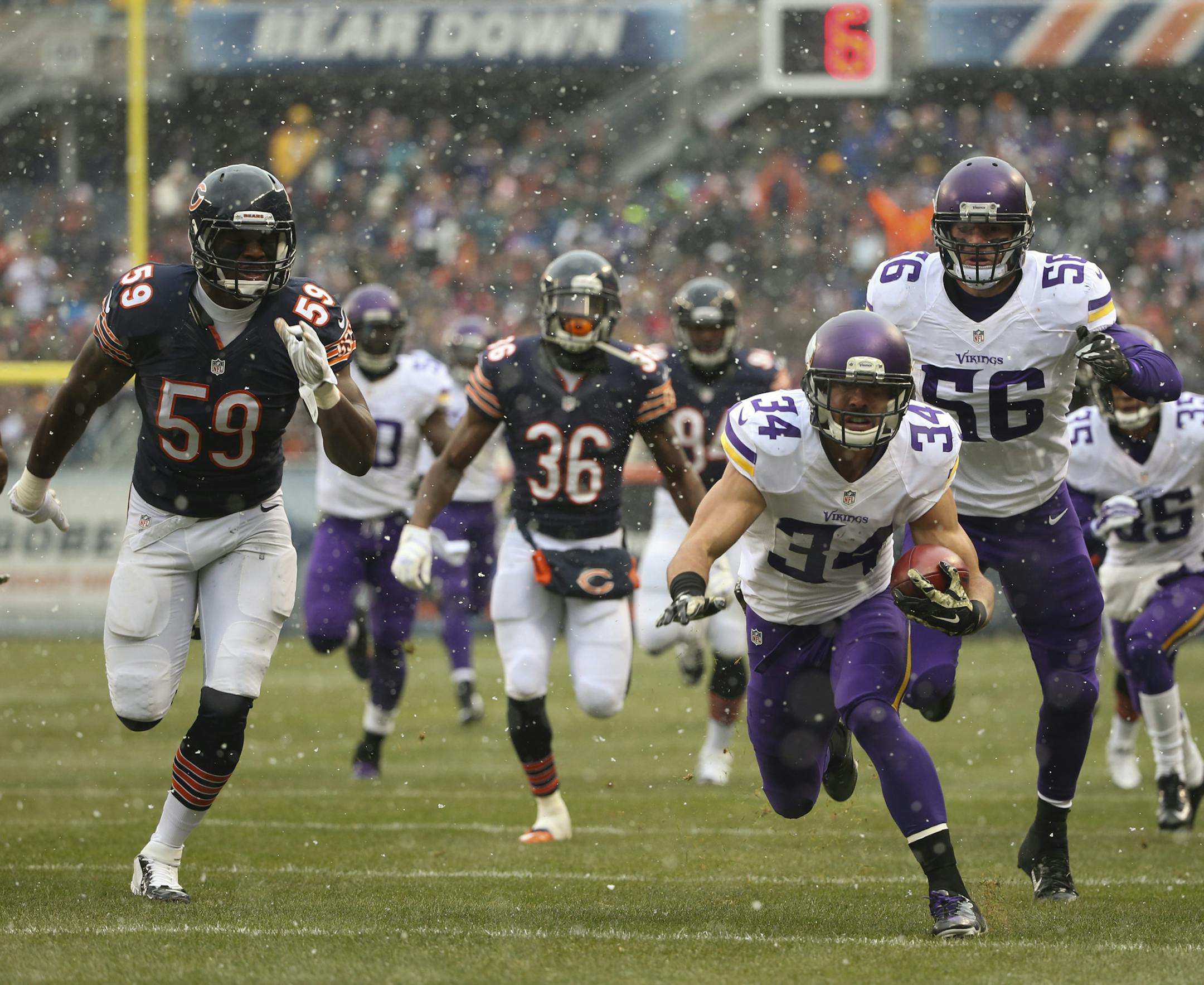 Minnesota Vikings free safety Andrew Sendejo (34) took the ball 48 yards all the way to the Chicago 7 yard line after the Vikings lined up to punt in the first quarter Sunday afternoon at Soldier Field in Chicago. ] JEFF WHEELER ‚Ä¢ jeff.wheeler@startribune.com The Vikings faced the Chicago Bears Sunday afternoon, November 16, 2014 at Soldier Field in Chicago.