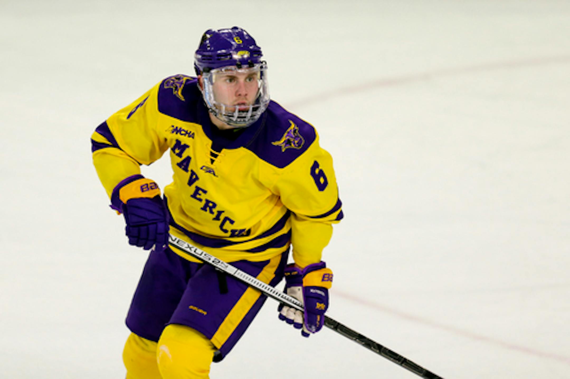 Minnesota State's Parker Tuomie skates against Bemidji State during an NCAA hockey game on Friday, March 1, 2019 in Mankato, Minn.