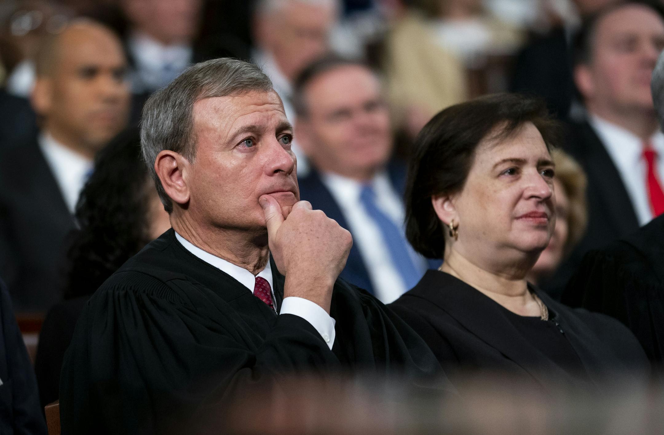FILE -- Chief Justice John Roberts and Justice Elena Kagan, at President Donald Trump's State of the Union address, Feb. 5, 2019. Roberts made his clout clear in a pair of stunning decisions on June 27, writing majority opinions in cases on the census and partisan gerrymandering, and demonstrating that he has unquestionably become the court’s ideological fulcrum following the departure of Justice Anthony Kennedy. (Doug Mills/The New York Times)