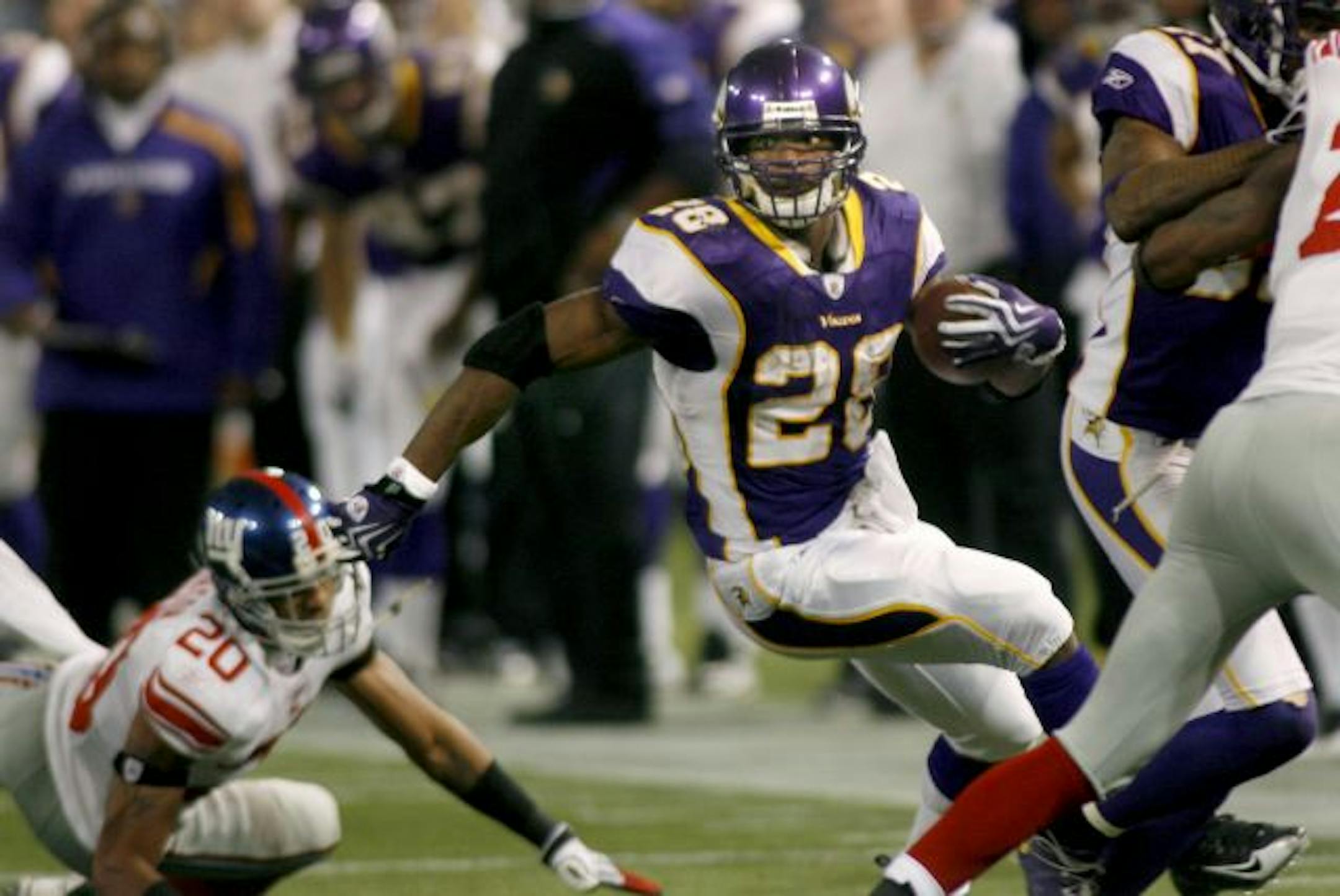 ELIZABETH FLORES eflores@startribune.com January 3, 2010- Minneapolis, MN - Minnesota Vikings' Adrian Peterson ran for yards during the third quarter at the Mall of America stadium. The Vikings defeated the Giants 44-7.