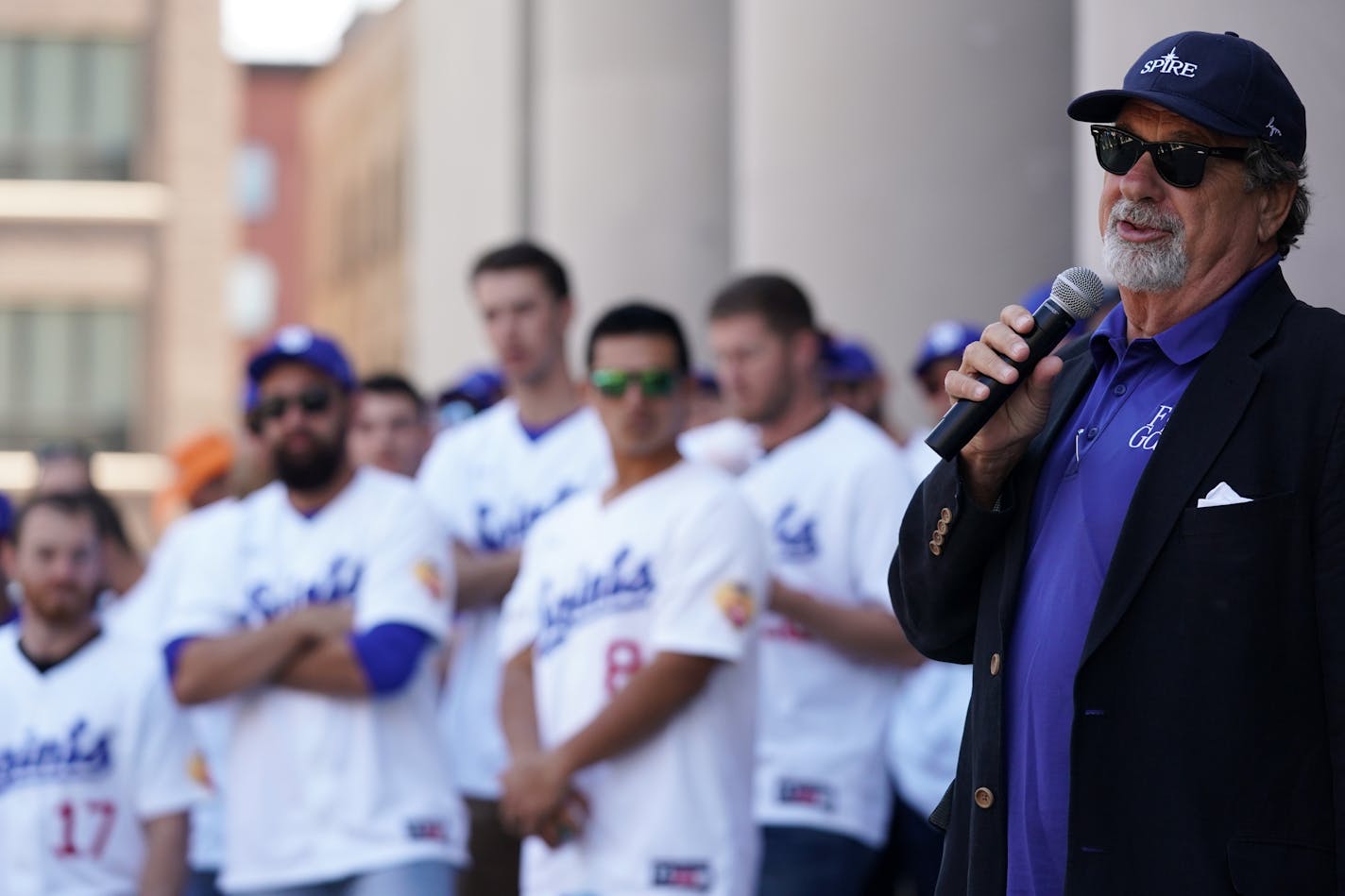 Mike Veeck, owner of the Saint Paul Saints, addressed the crowd as players looked on Wednesday. ] ANTHONY SOUFFLE • anthony.souffle@startribune.com