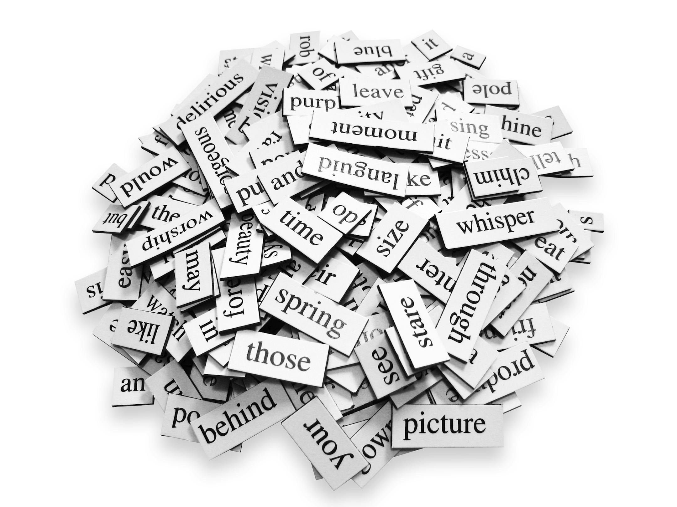 Pile of random words on a white background.