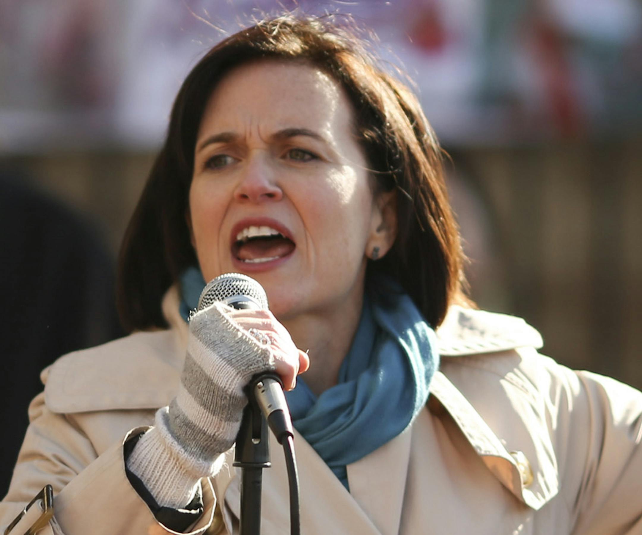 Minneapolis Mayor Betsy Hodges addresses a rally outside TCF Bank Stadium on Sunday, Nov. 2, 2014, before the Minnesota Vikings game against the Washington Redskins. (Jeff Wheeler/Minneapolis Star Tribune/MCT) ORG XMIT: 1159493