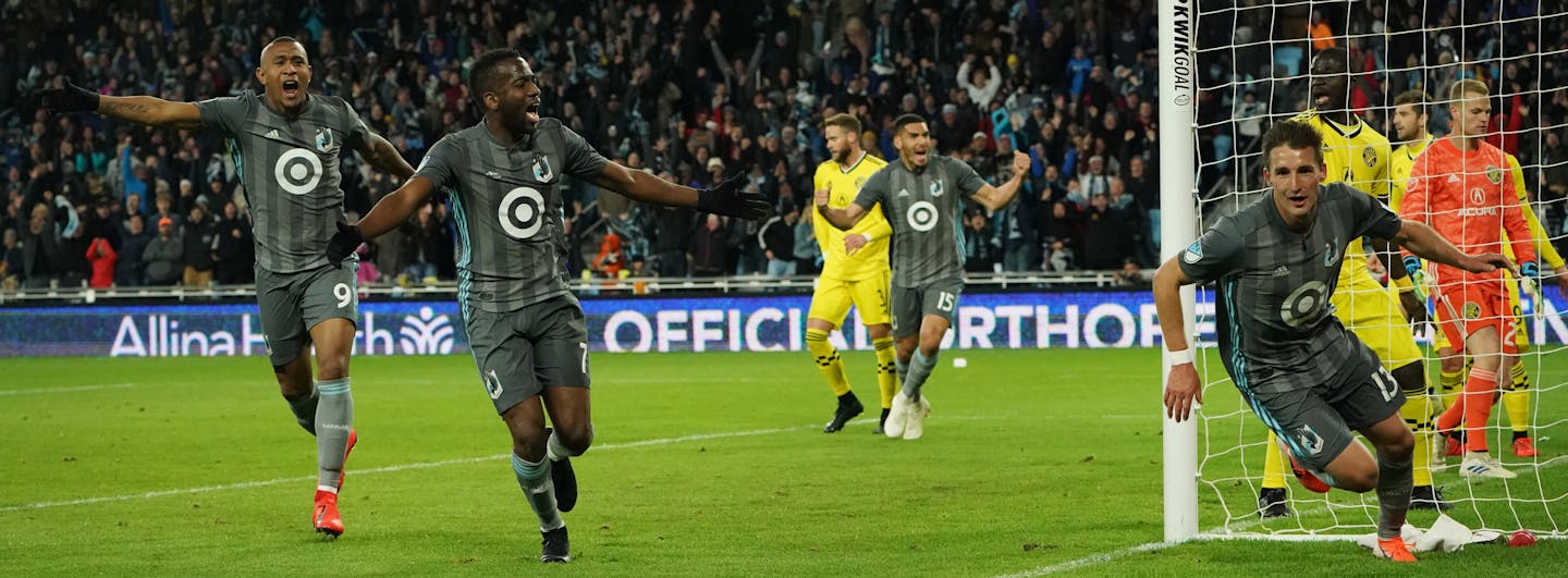 Minnesota United midfielder Ethan Finlay (13, right) celebrated after scoring a goal in the second half as midfielder Kevin Molino (7) and forward Angelo Rodriguez (9) ran toward him to congratulate him. ] Shari L. Gross &#x2022; shari.gross@startribune.com Minnesota United hosted Columbus Crew SC in an MLS soccer game on Saturday, May 18, 2019 at Allianz Field in St. Paul, Minn.